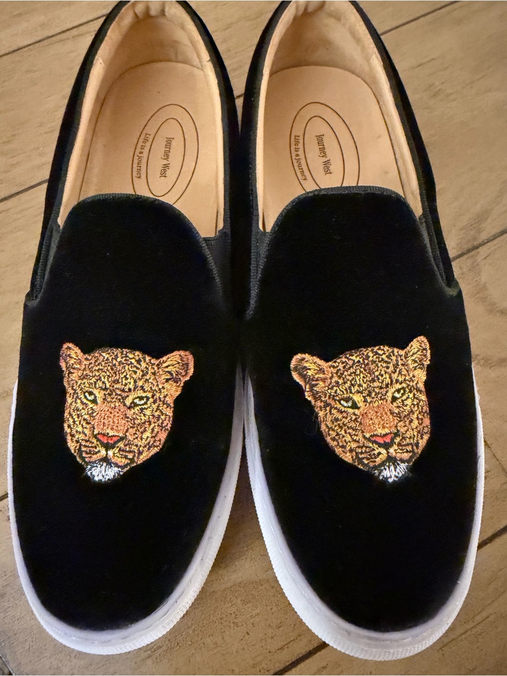 Journey West - Black Velvet Leopard Embroidered Slip-On Sneakers